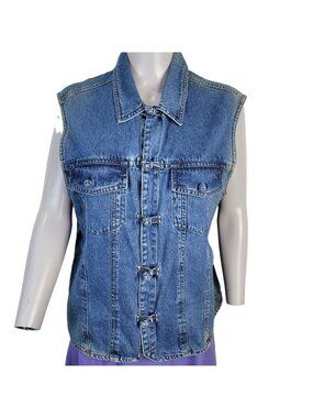 Vintage 90s Sleeveless Denim Jacket Women XL 14 Blue Jean Coat Retro Casual Fall
